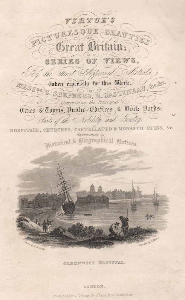 Greenwich Hospital. Title page. London. GASTINEAU 1829 old antique print